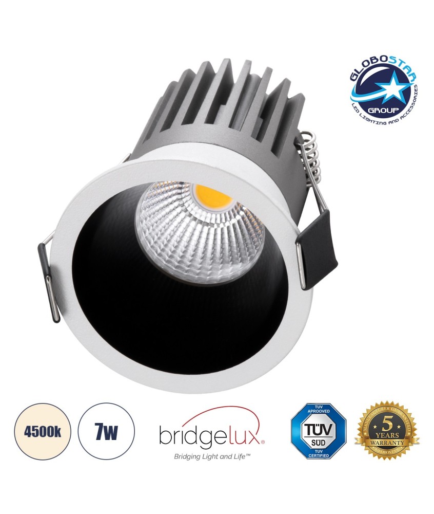 GLOBOSTAR® MICRO-B 60240 Χωνευτό Downlight Σποτ LED 7W 910lm 38° AC 220-240V IP20 Φυσικό Λευκό 4500K - Bridgelux COB Chip & TÜV SÜD Driver - Λευκό & Μαύρο Ματ - Μ6 x Π6 x Υ7.8cm - Q5cm - 5 Χρόνια Εγγύηση